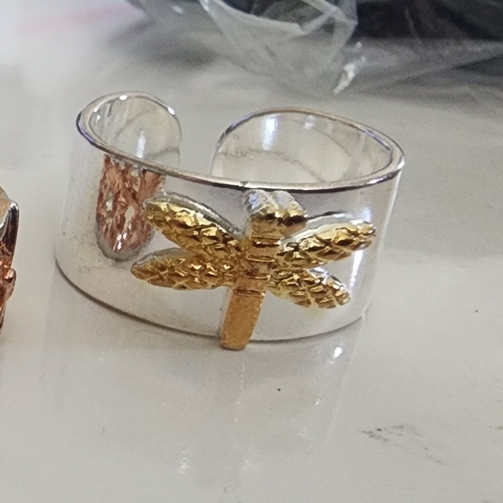 .925 stamped plated dragonfly adjustable ring